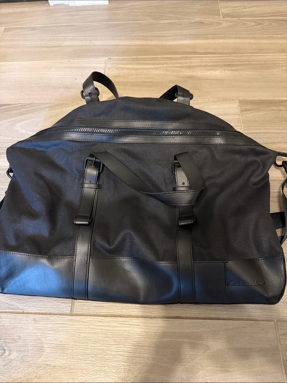 Calvin Klein Black Duffel Travel Bag with Leather Trim
